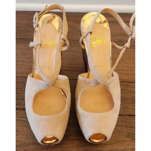 Christian Louboutin Size 39.5 Martel 140mm Glitter Suede Slingback Neutrals - Picture 2 of 8